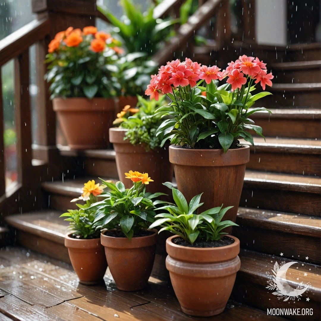 Деревянная лестница с цветочными горшками под падающим дождем.