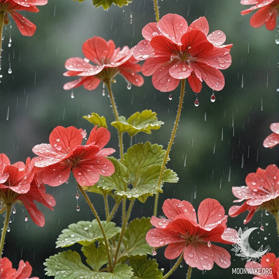 Спокойная золотая герань с каплями дождя, напоминающая акварельную картину.