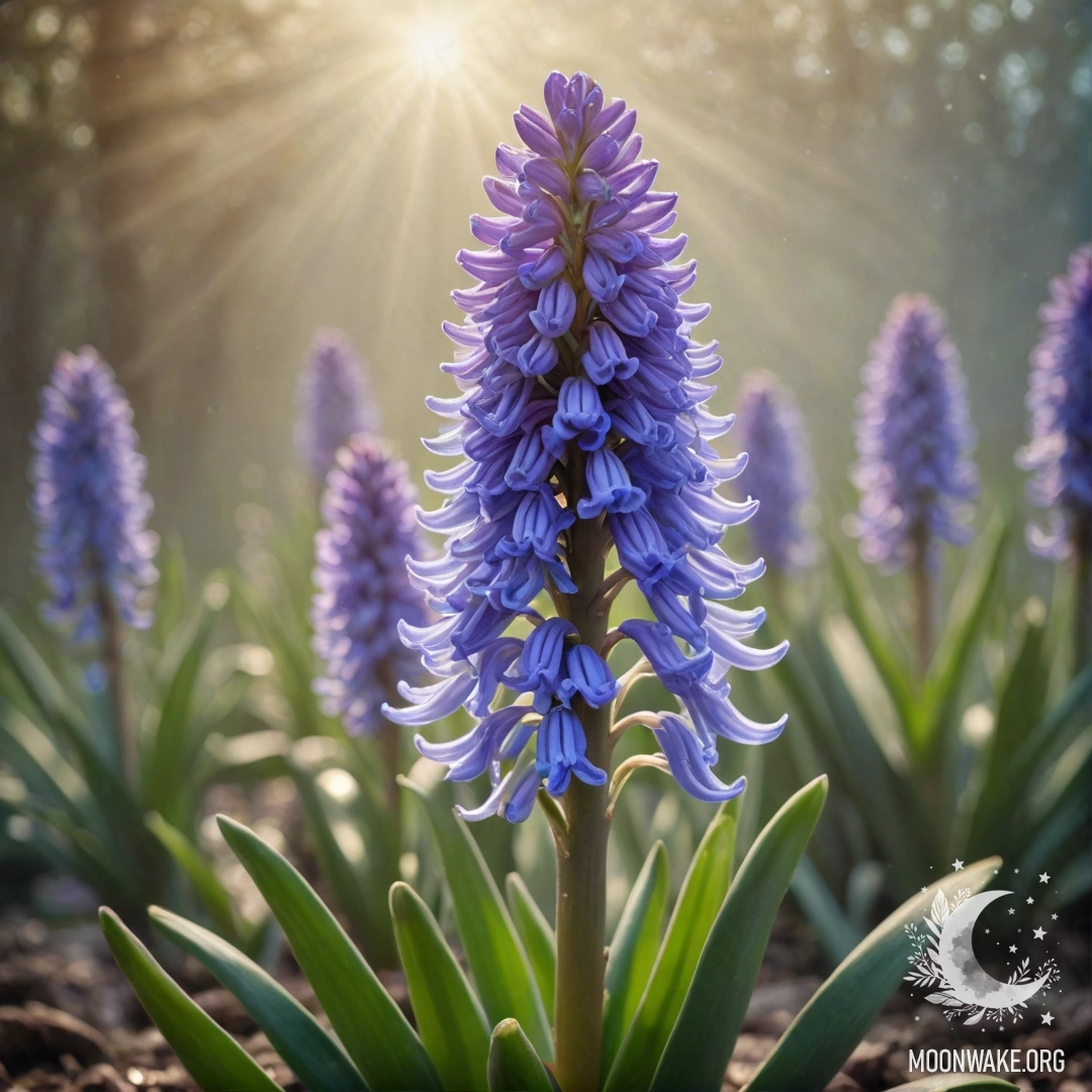 Одинокий гиацинт, грациозно поднимающийся из тумана, освещённый мягкими солнечными лучами на фоне мерцающих блесток, в успокаивающем оливковом цвете.