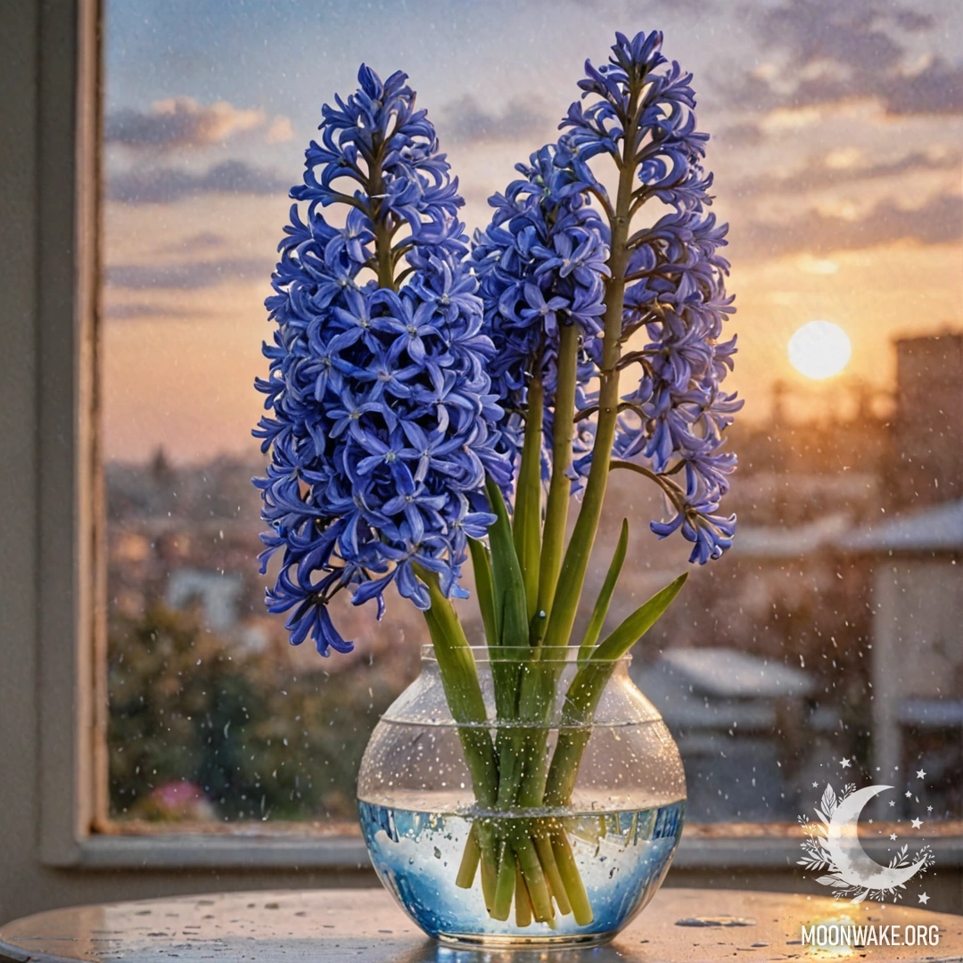 Гиацинт небесно-голубого цвета в вазе, капли дождя сверкают на закате.