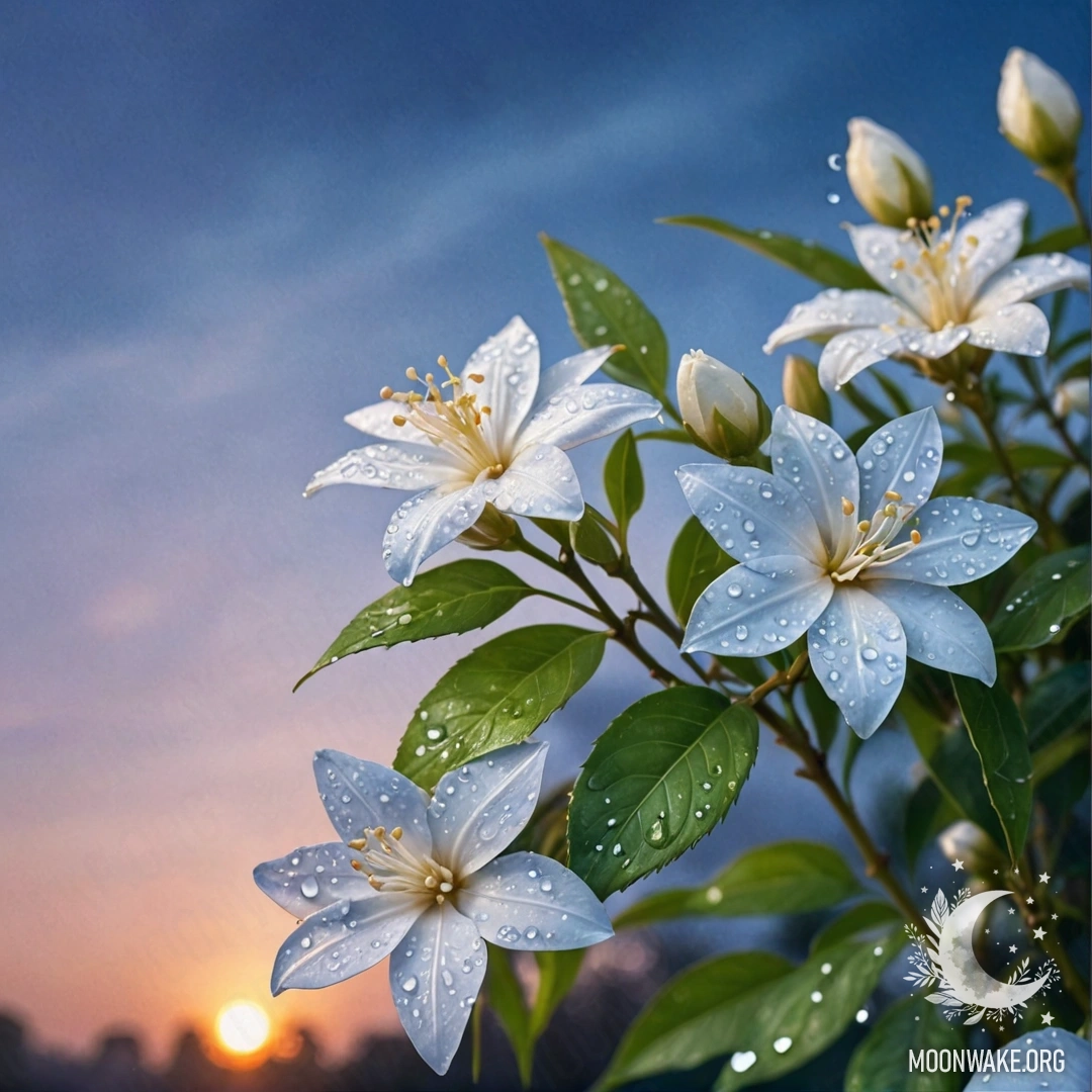 Картина изящных цветков жасмина, украшенных капельками росы, на фоне успокаивающего синего заката.
