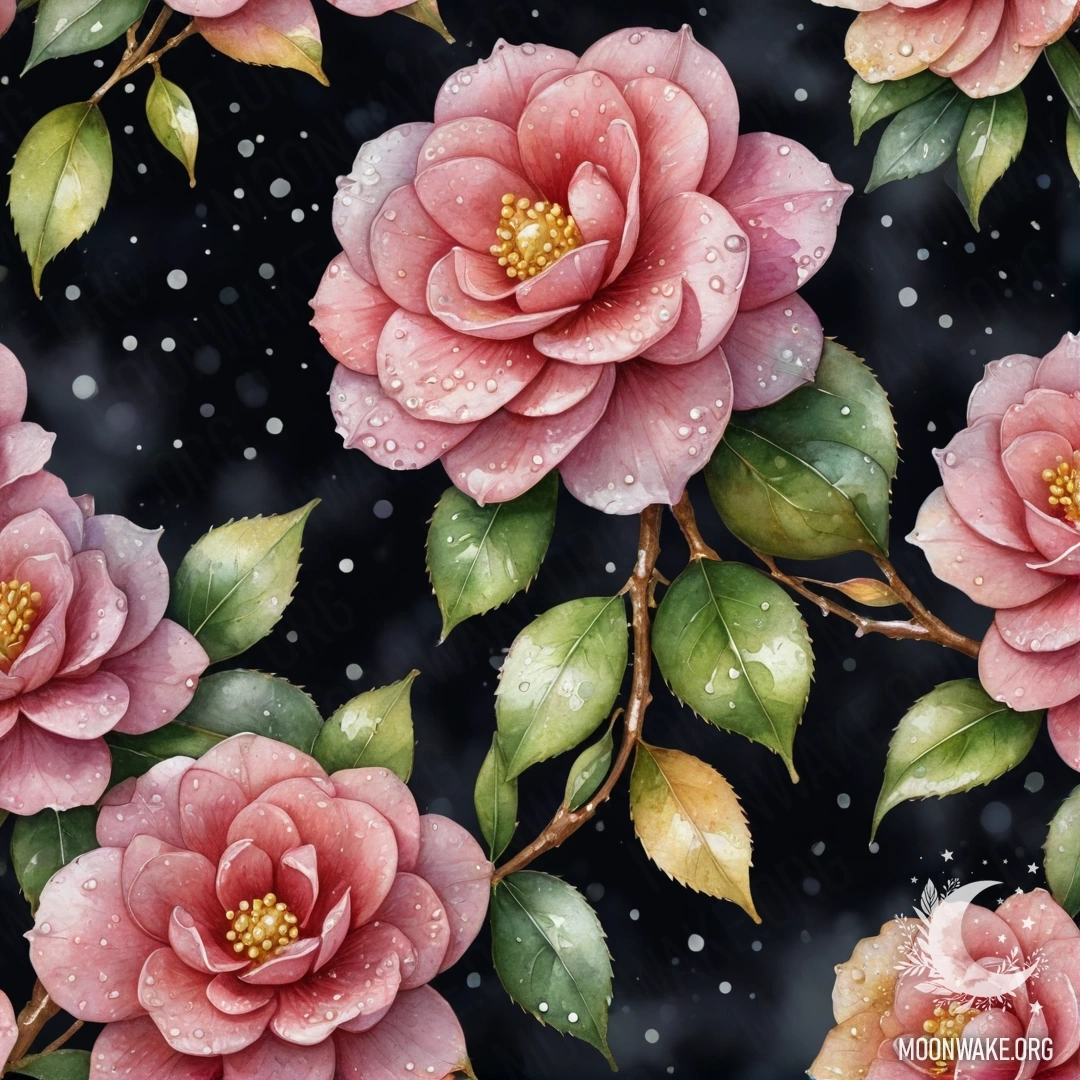 Нежный цветок камелии, украшенный каплями росы, на фоне ночного неба, сверкающий золотыми блестками.