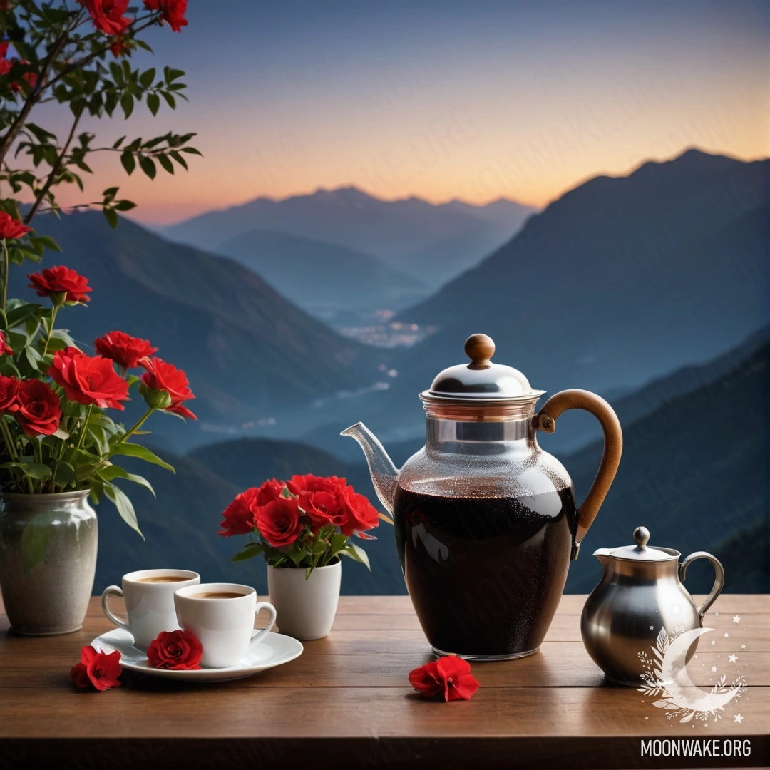 Деревянный стол с банкой красных цветов, кофейником и чашками на фоне гор в ночное время.