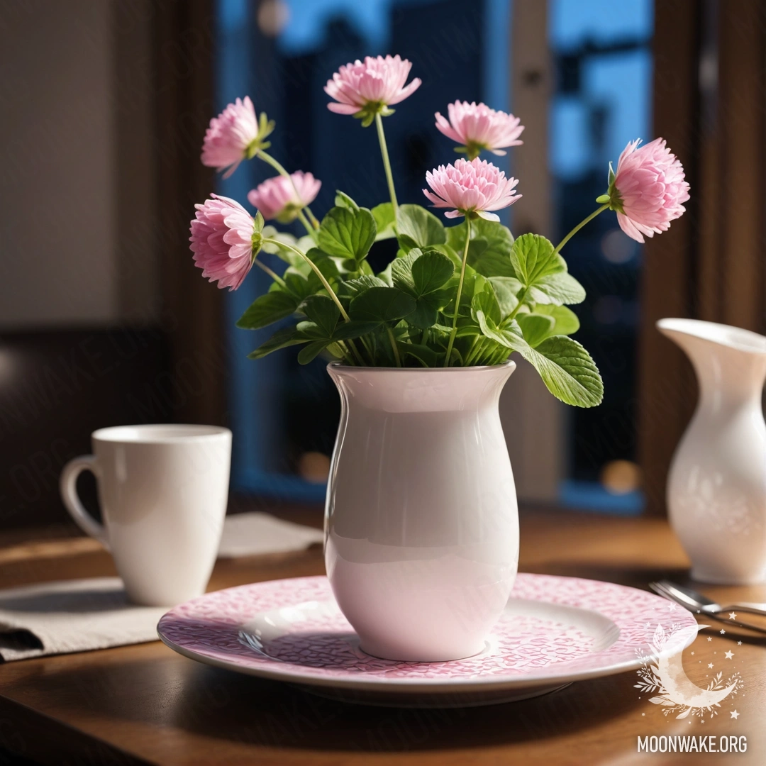 Круглая соломенная салфетка с белыми фарфоровыми чашками и клевером в вазе ночью.