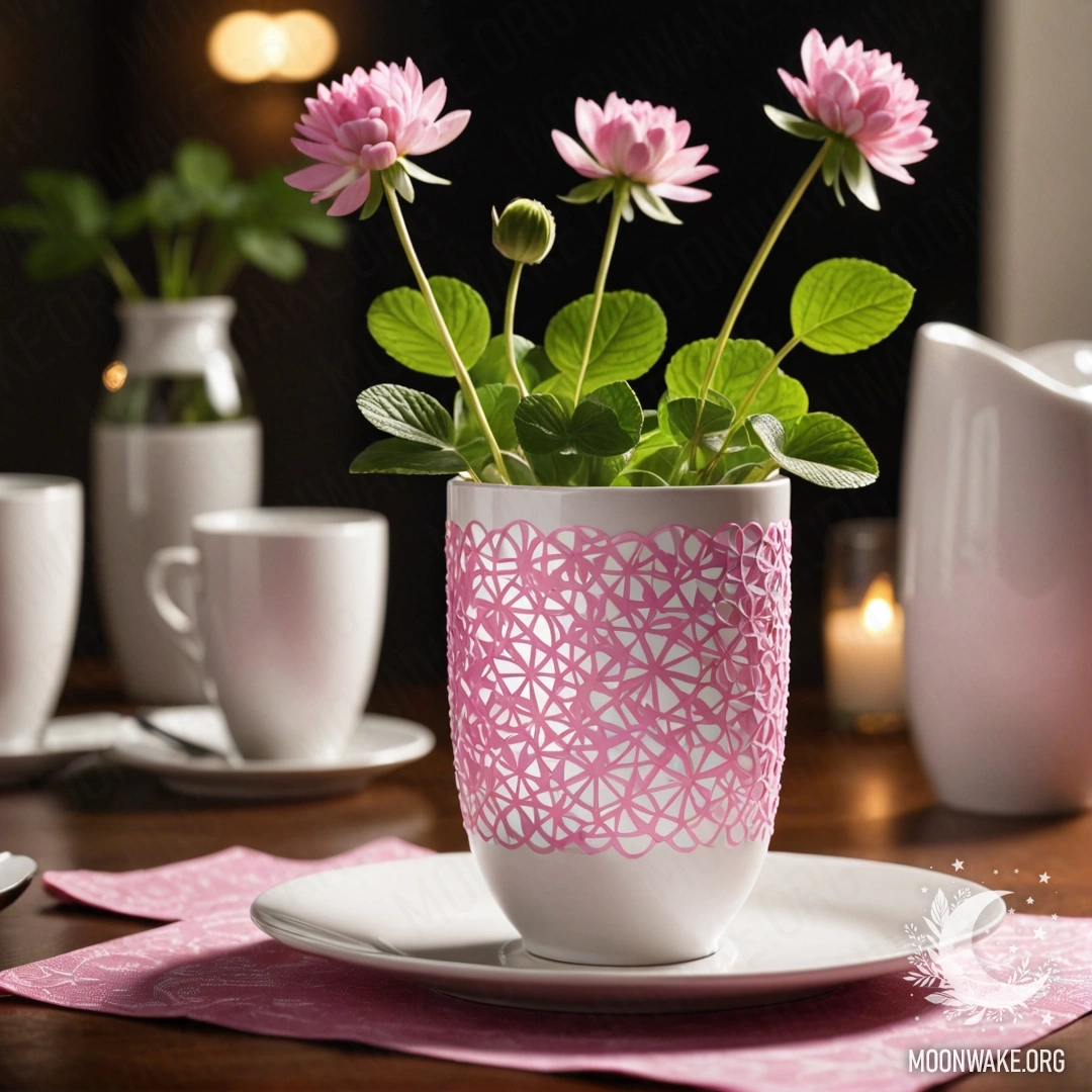 Круглая соломенная салфетка с белыми фарфоровыми чашками с розовым узором и белой вазой с клевером на фоне ночного неба.