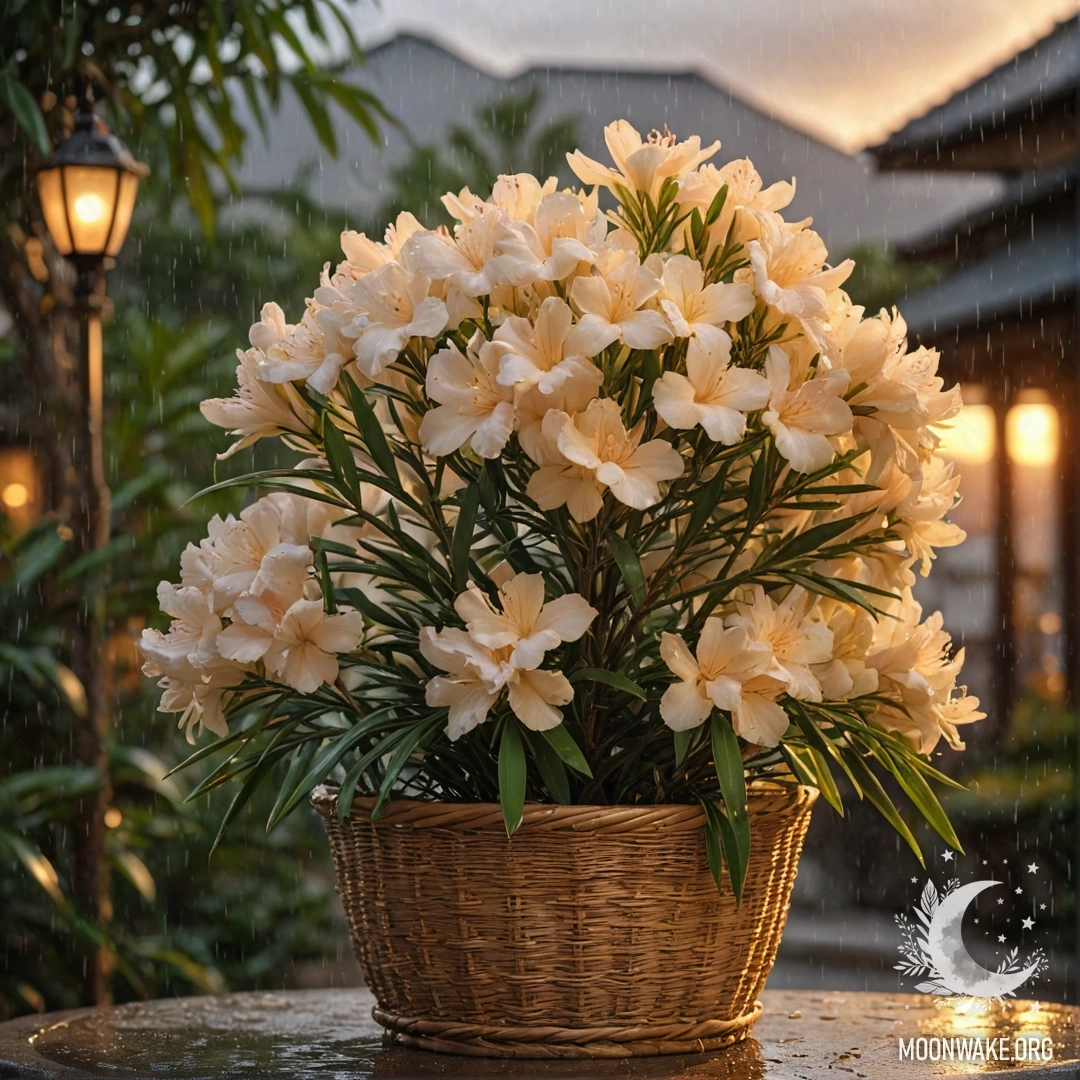 Красивый олеандр в корзине кремового цвета под дождем на закате.