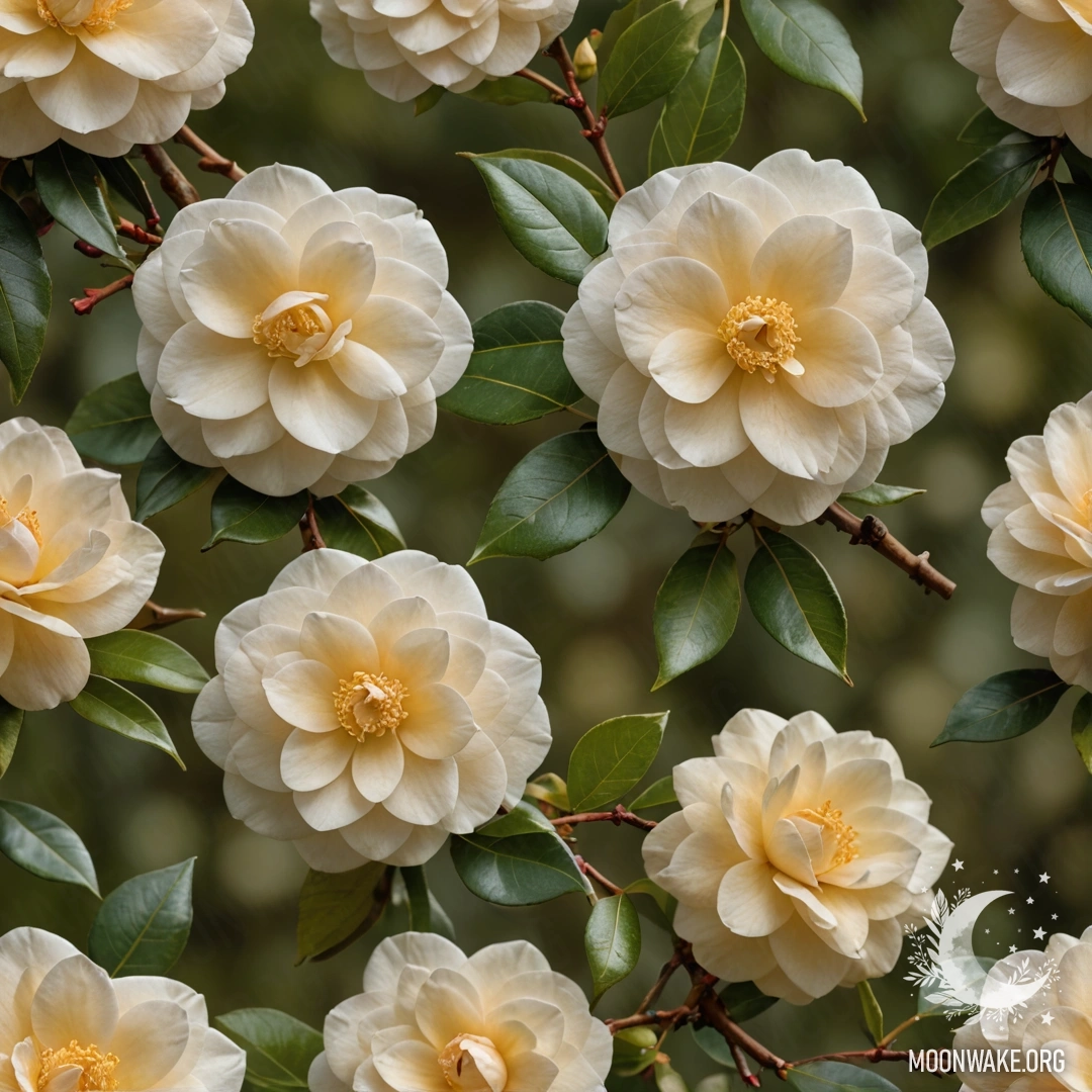 Узоры камелий оливкового цвета, создающие эффект импрессионизма.