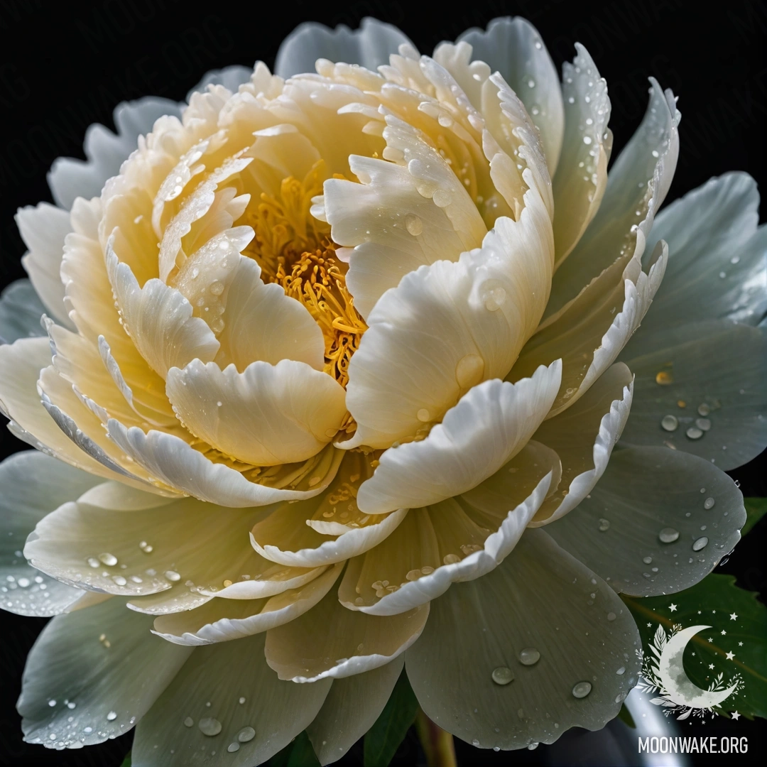 Нежный пион с каплями росы в лаймовой вазе ночью.