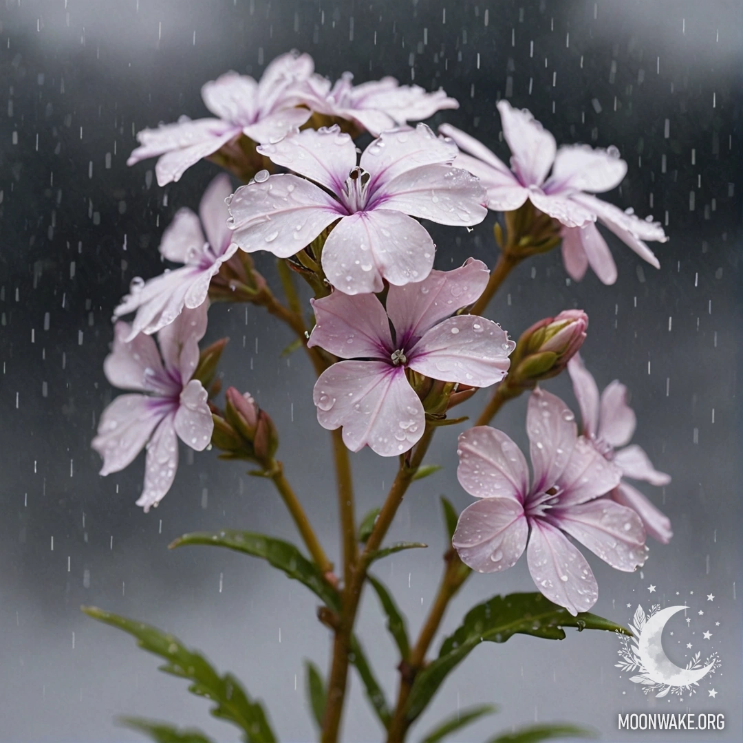 Крупный план нежных кремово-желтых цветов флокс, сверкающих под дождем, окруженных туманом.