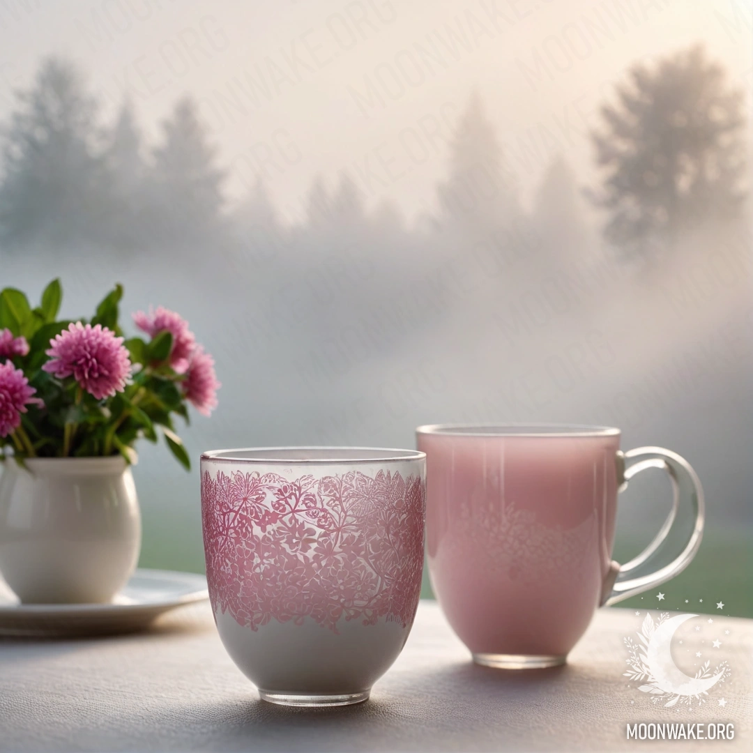 Круглая соломенная салфетка с белыми фарфоровыми чашками, розовыми узорами и белой вазой с клевером, окруженная густым туманом.