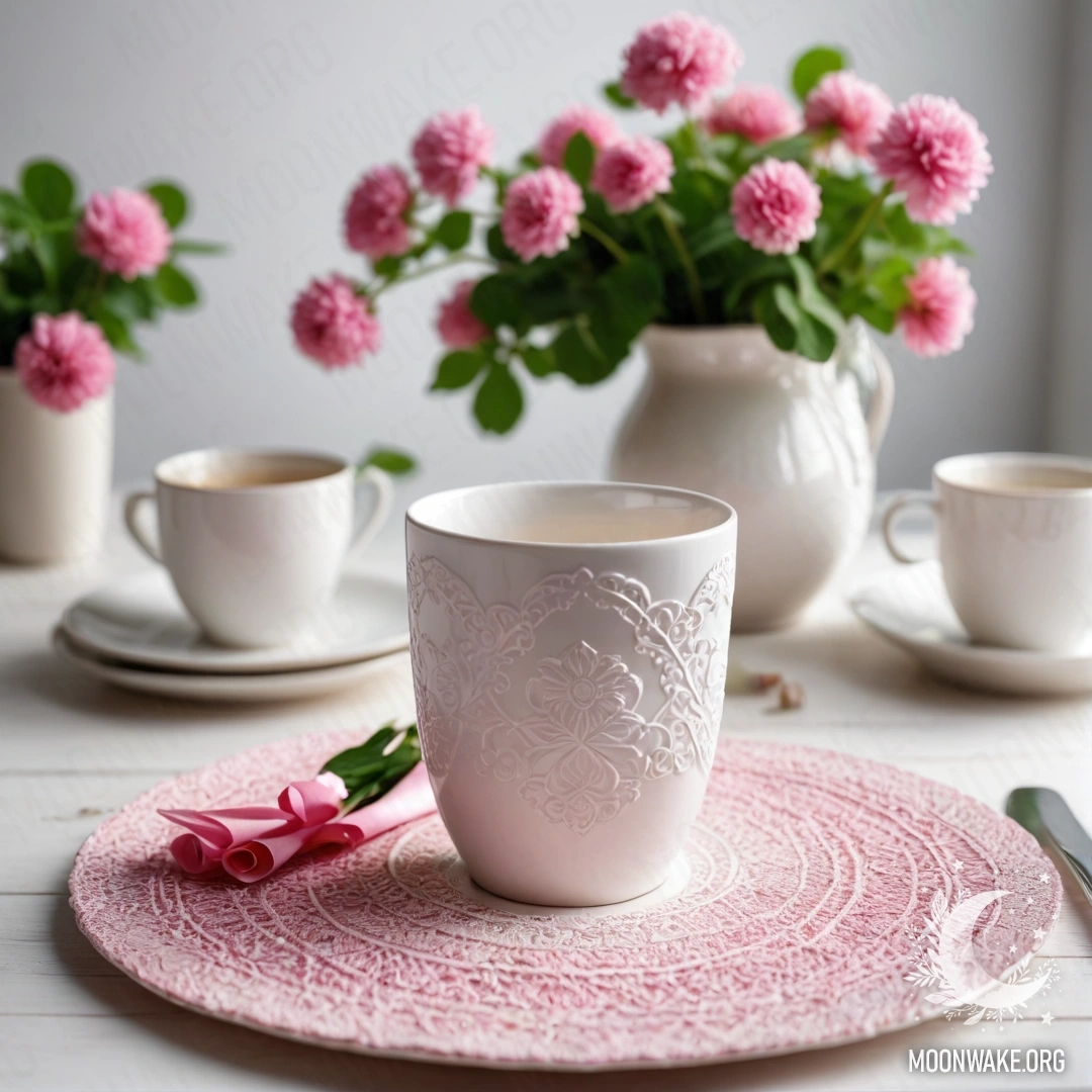 Круглая соломенная салфетка с белыми фарфоровыми чашками с розовым узором и белой вазой с клевером и гирляндой света.