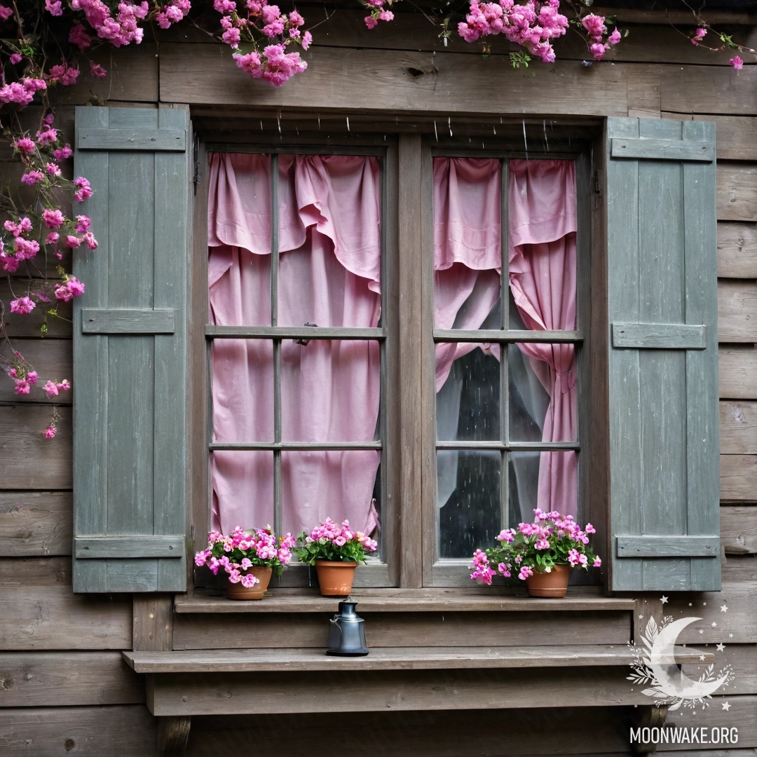 Старое деревянное окно с ставнями, керосиновая лампа над окном и розовые цветы, обвивающиеся вокруг окна под дождем.