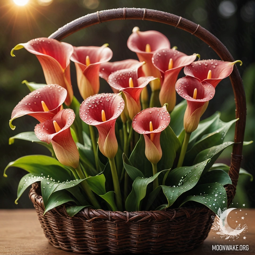 Корзина с красными лилиями, украшенными каплями росы на фоне заката.