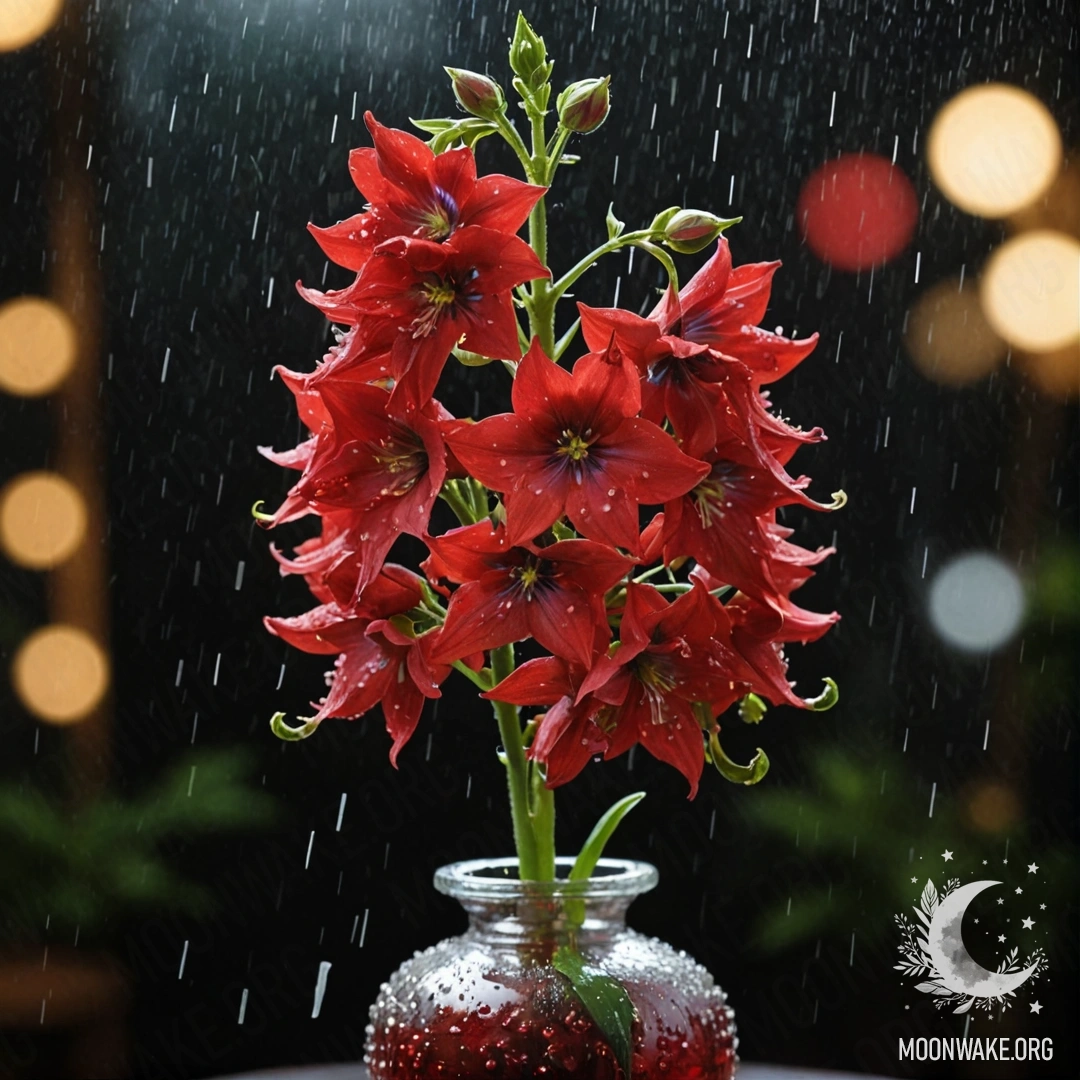 Красный делфиниум в вазе под дождем ночью.