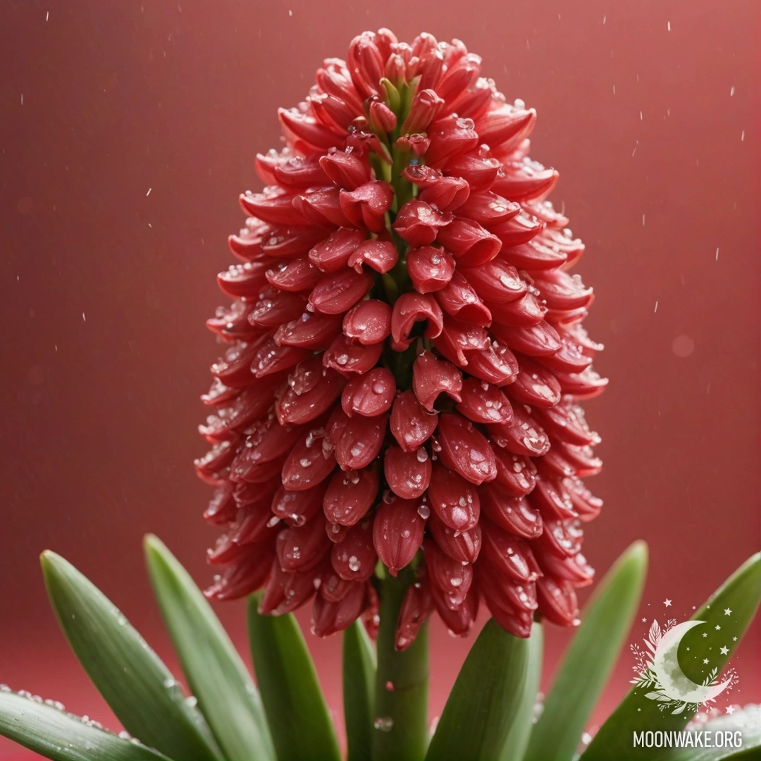 Красный гиацинт, усеянный каплями дождя и сверкающими пайетками.