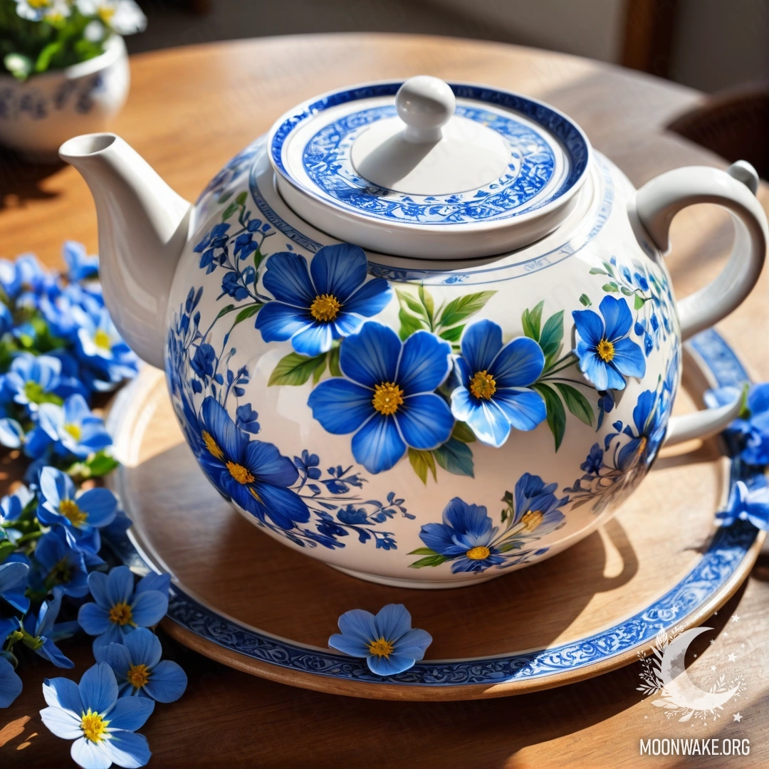 Фотореалистичное изображение круглого деревянного стола с фарфоровым чайником, наполненным синими цветами, освещенное солнечными лучами.