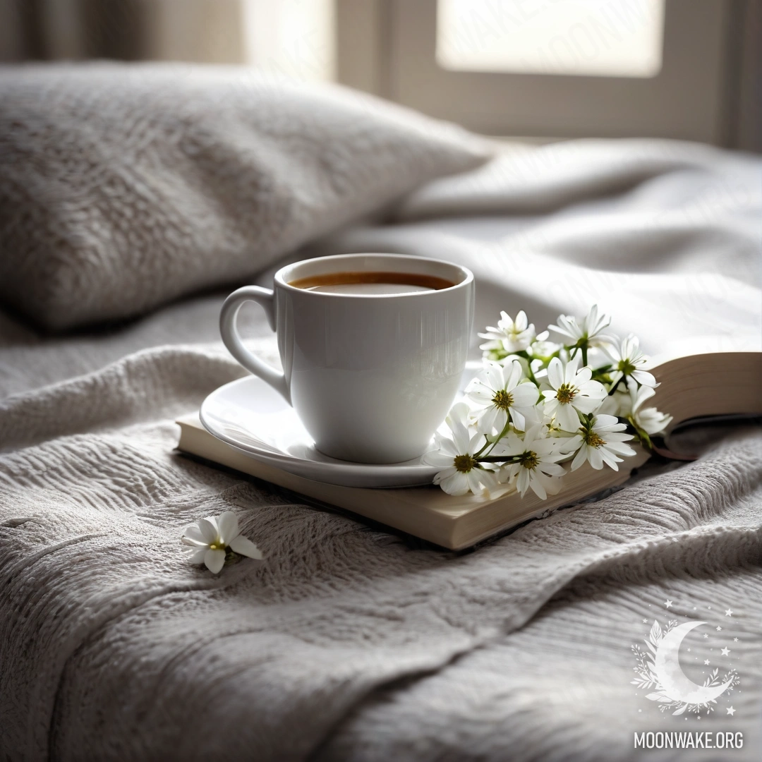 Крупный план красивого белого стула, украшенного серым вязаным пледом, книгой, веточкой с белыми цветами и чашкой белого кофе, освещенной солнечными лучами.