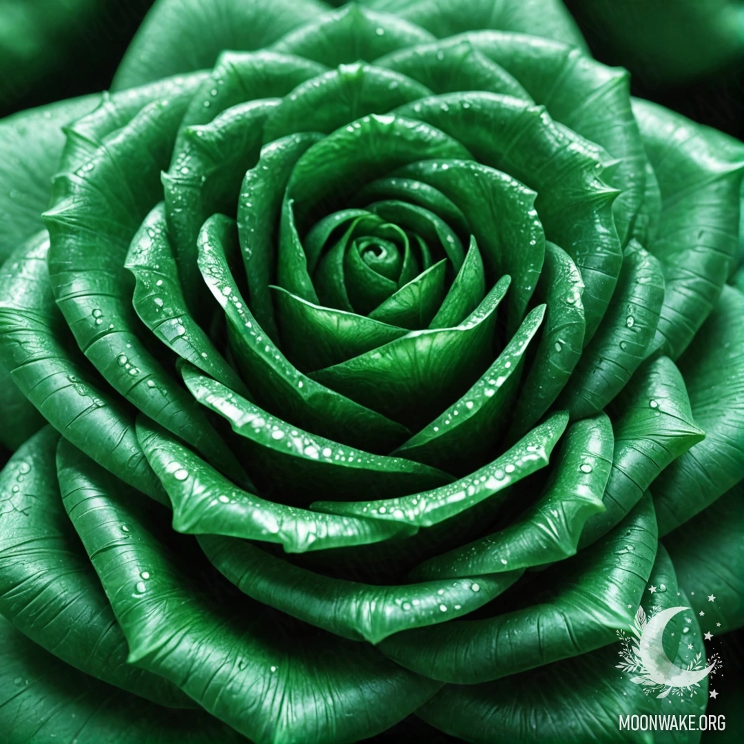 Сложная роза, сделанная из изумруда, сверкающая глубоким зелёным оттенком.