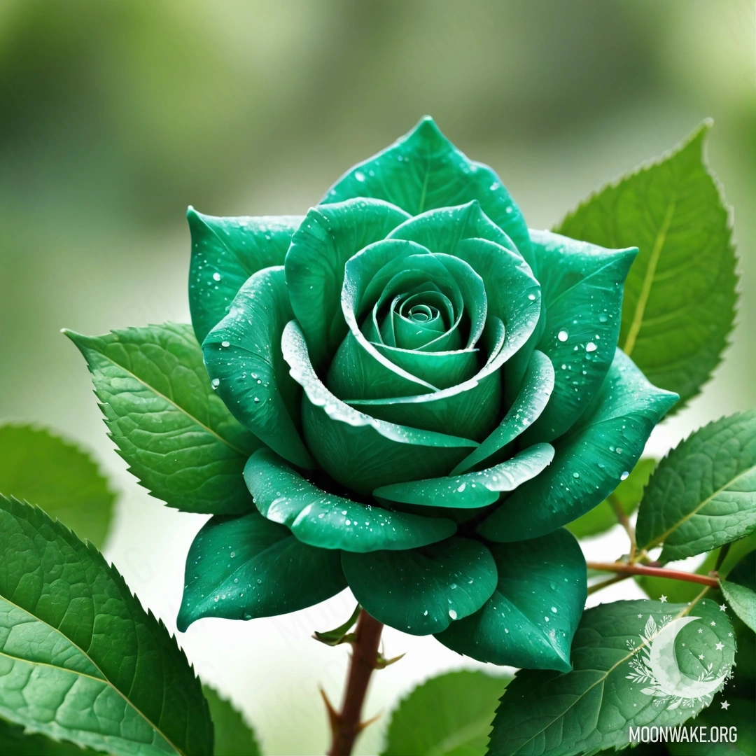 Потрясающая роза, полностью сделанная из изумруда, с ярко-зелеными лепестками, стеблем и листьями.