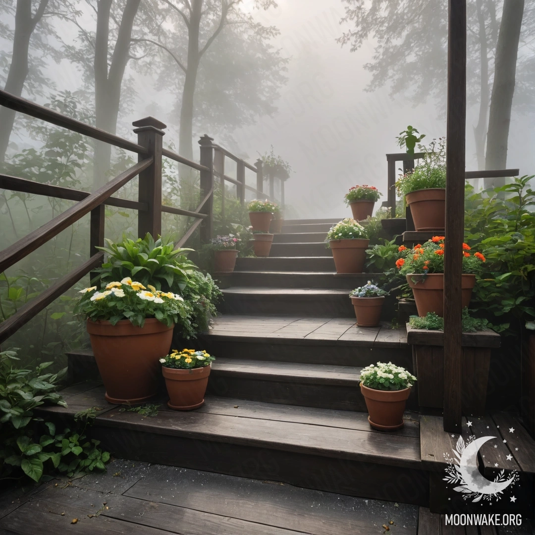 Деревянная лестница, украшенная цветочными горшками, окруженная плотным туманом.