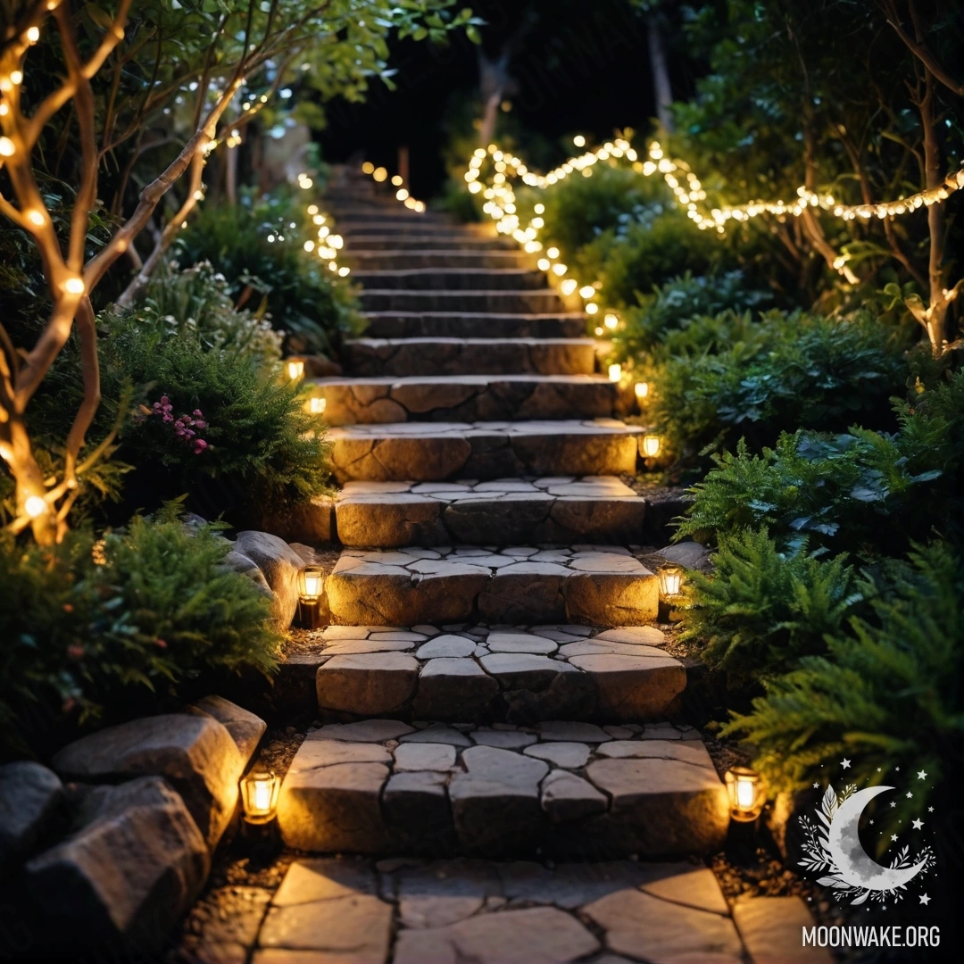 Красивый сад, украшенный светящимися гирляндами, с каменной дорожкой и деревянной лестницей ночью.