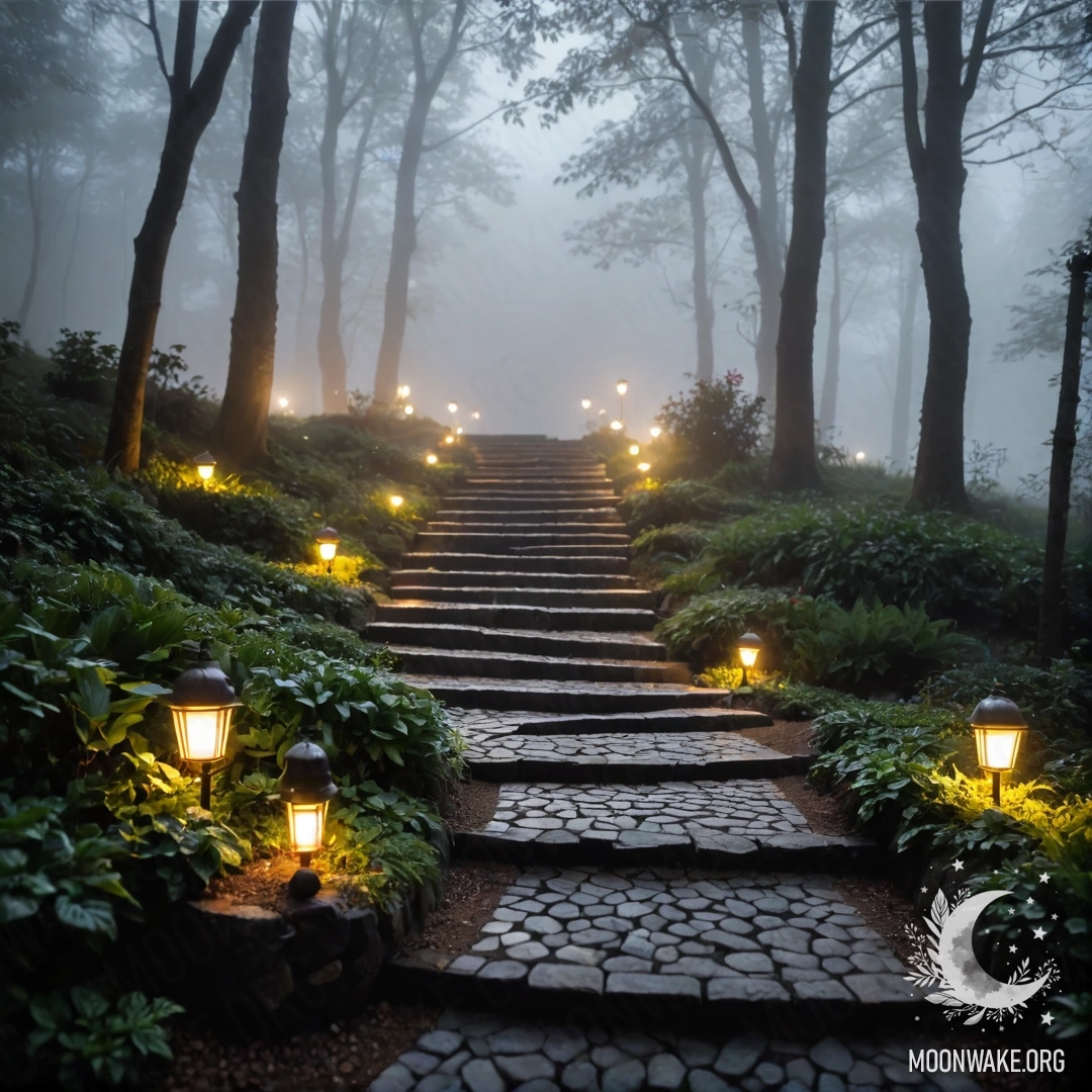 Очаровательная садовая дорожка, украшенная светящимися гирляндами, окруженная густым туманом.