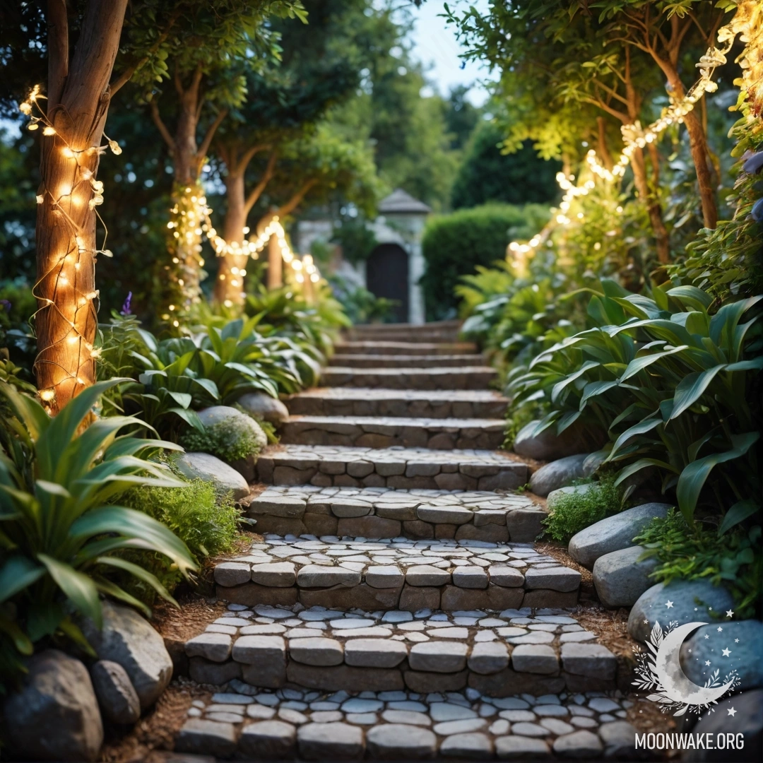 Садовая дорожка из камней и деревянная лестница, украшенные светящимися гирляндами под солнечными лучами.
