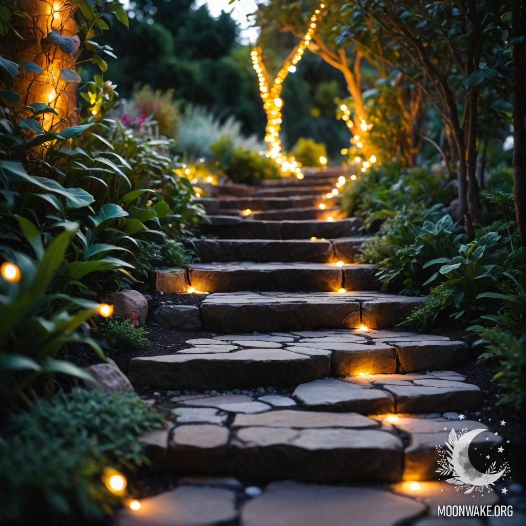 Красивый сад с огоньками, каменной дорожкой и деревянной лестницей на фоне заката.
