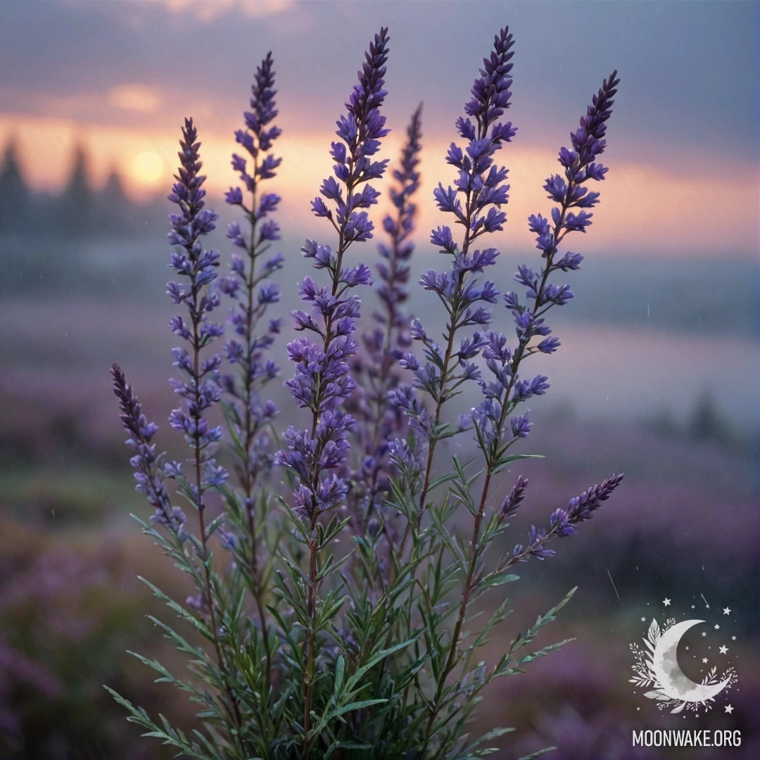 Букет голубой верески в тумане во время дождливого заката.