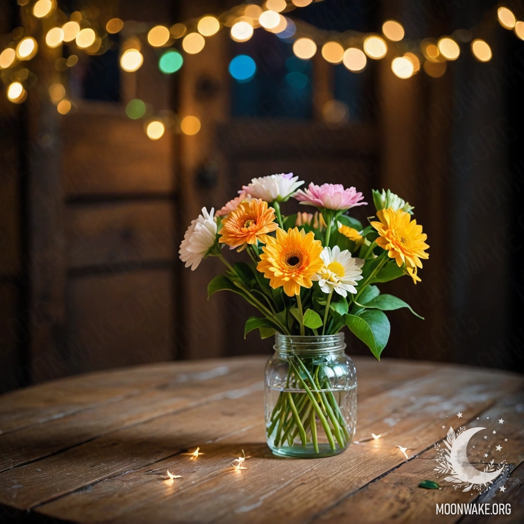 Обшарпанный деревянный стол с банкой цветов, освещенный размытыми огнями на заднем плане.