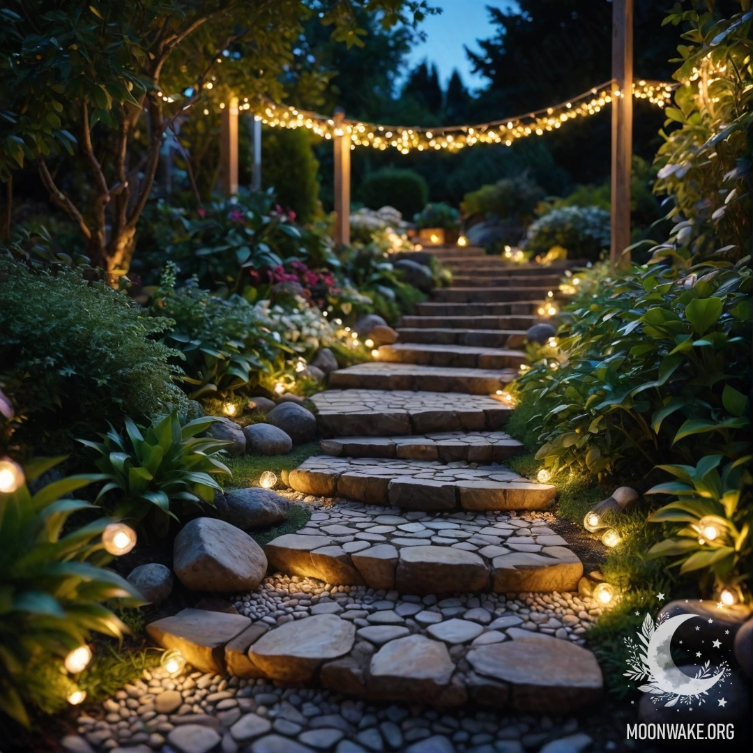 Спокойный сад ночью, украшенный световыми гарландам и каменной дорожкой.