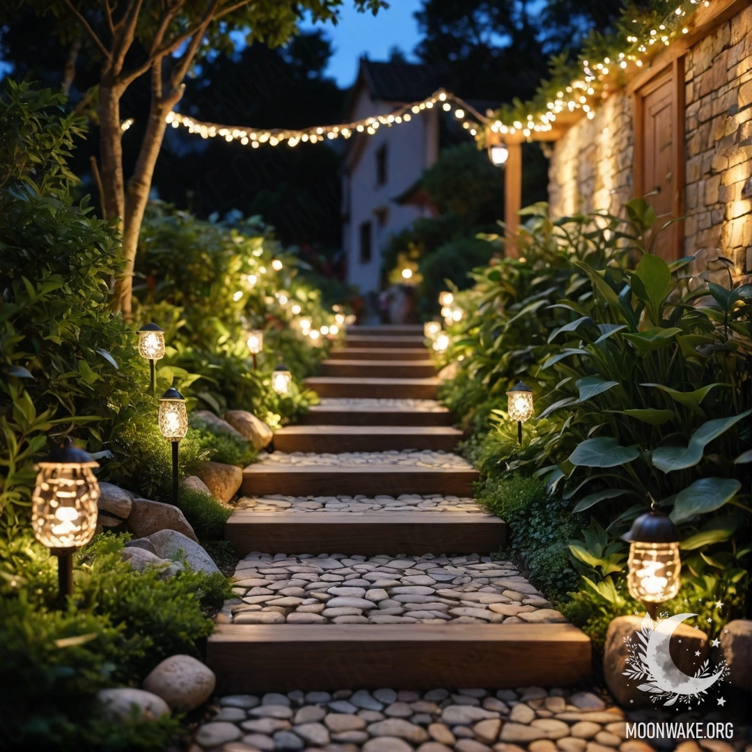 Красиво оформленный сад ночью со светящимися гирляндами, каменной дорожкой и деревянной лестницей.