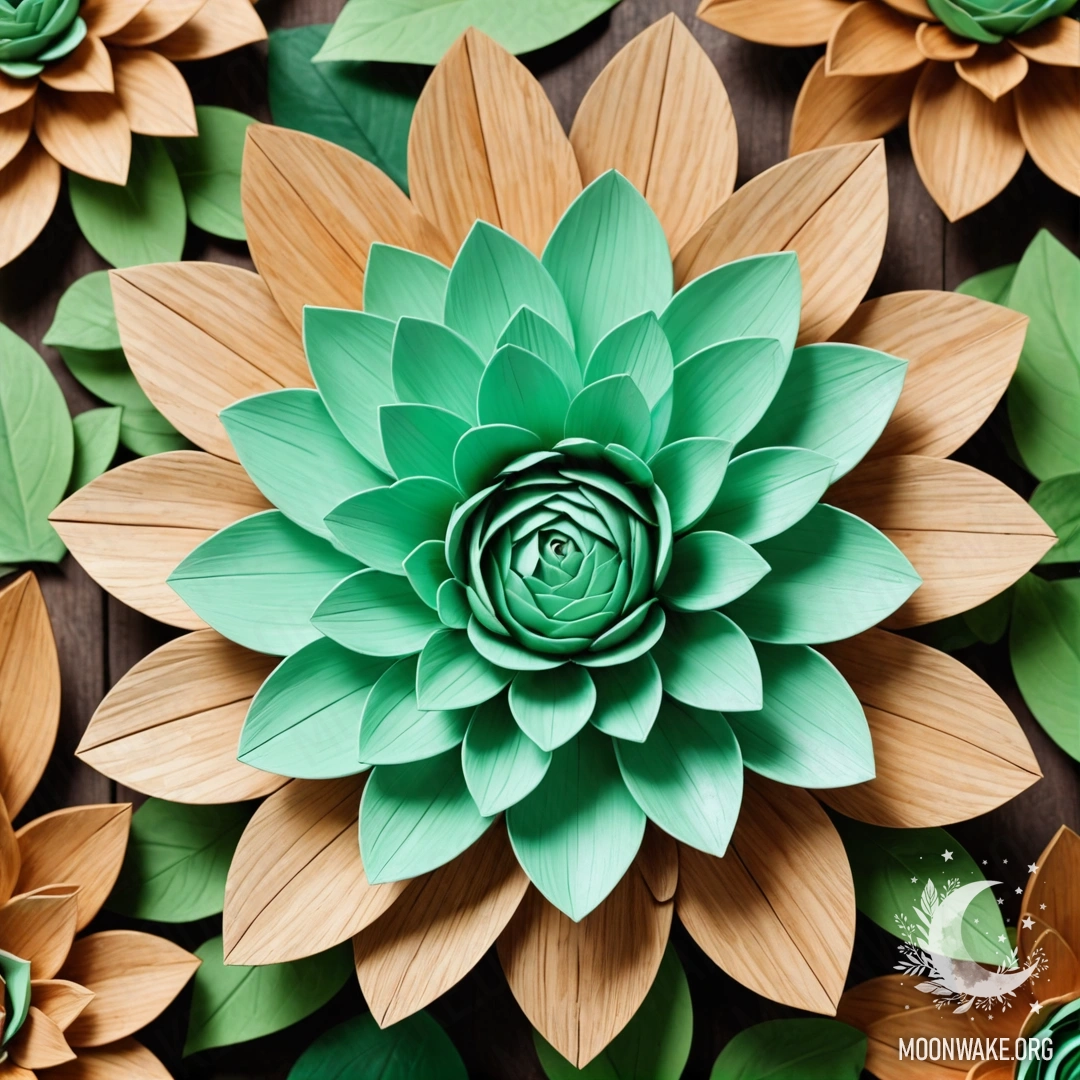 Фантастический цветок, выполненный полностью из дерева, с деревянными лепестками, листьями и стеблем.