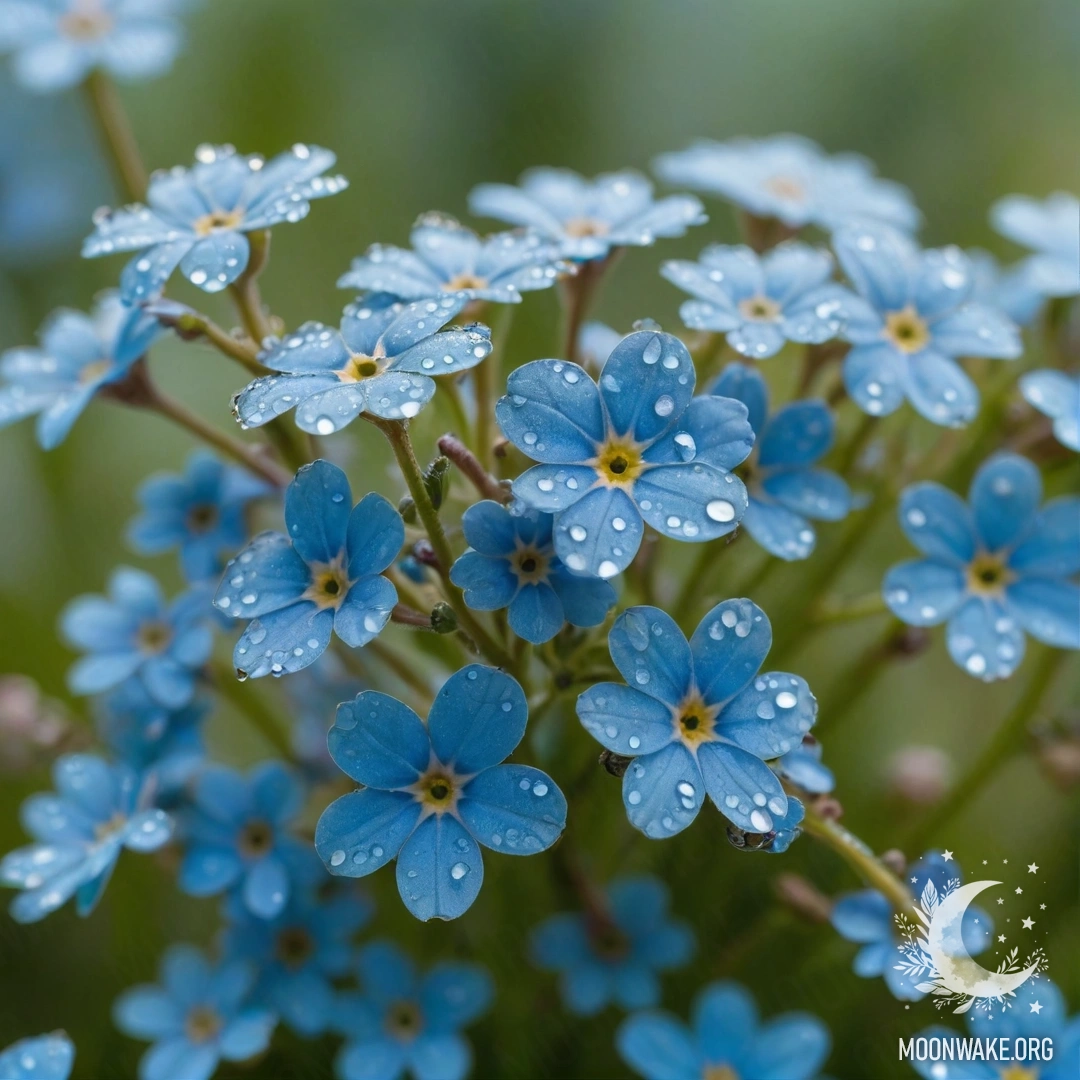 Спокойный узор незабудок аквамаринового цвета, украшенный капельками росы.