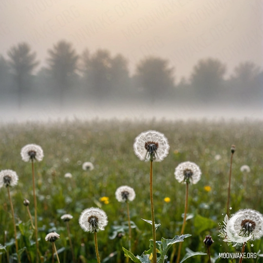 Крупный план одуванчиков на поле в туман, под облачным небом.