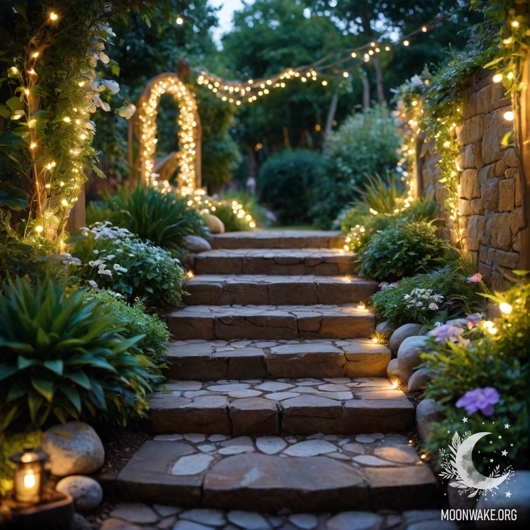 Прекрасный сад с декоративными огнями, каменной дорожкой и деревянной лестницей.