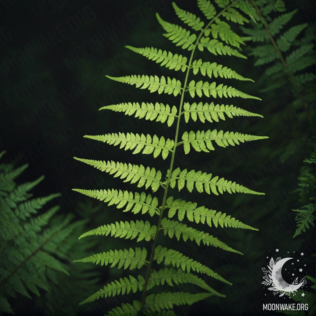 Ночная сцена с тонкими зелеными узорами папоротника, вызывающими ощущение спокойствия.