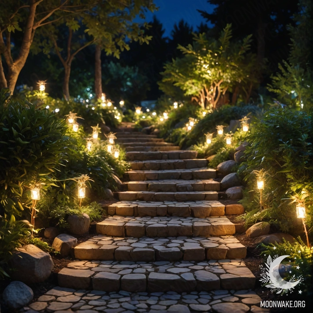 Уютная садовая дорожка из камней ведет к деревянной лестнице, украшенной светящимися гирляндами, под звездным ночным небом.
