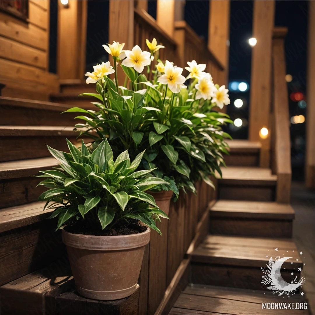 Деревянная лестница, украшенная горшками с цветами, ночью.