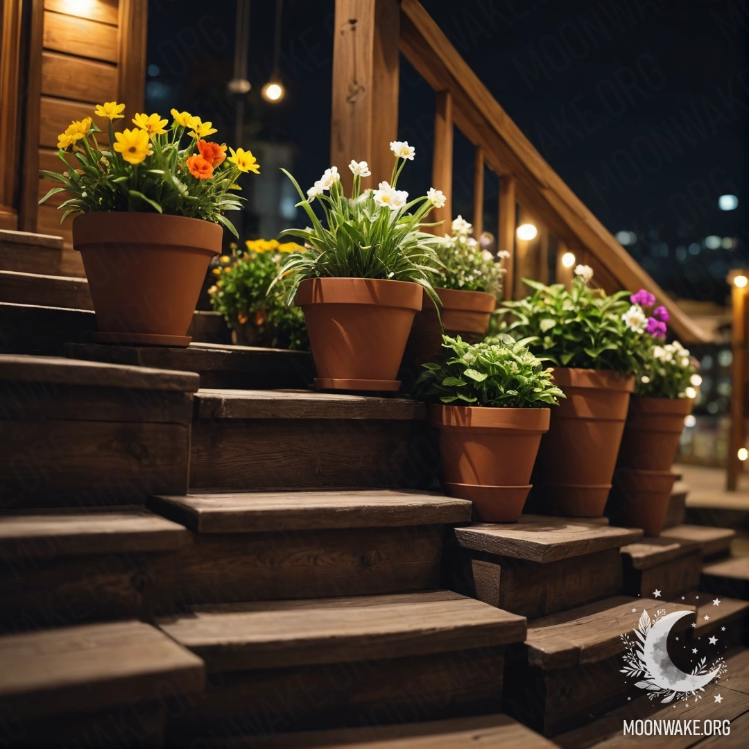 Деревянная лестница, украшенная цветочными горшками под ночным небом.