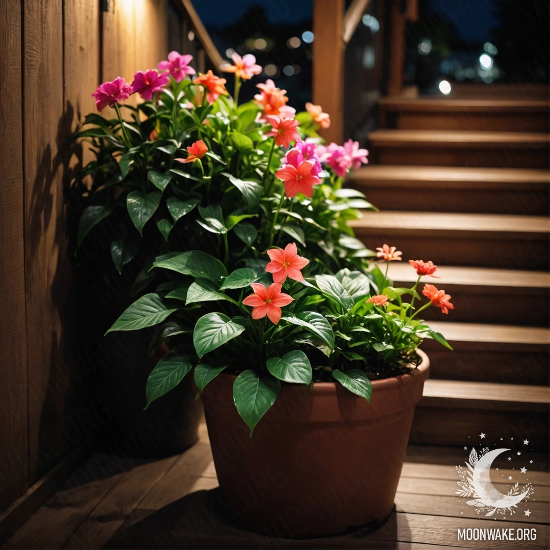 Красивая композиция цветочных горшков на деревянной лестнице ночью