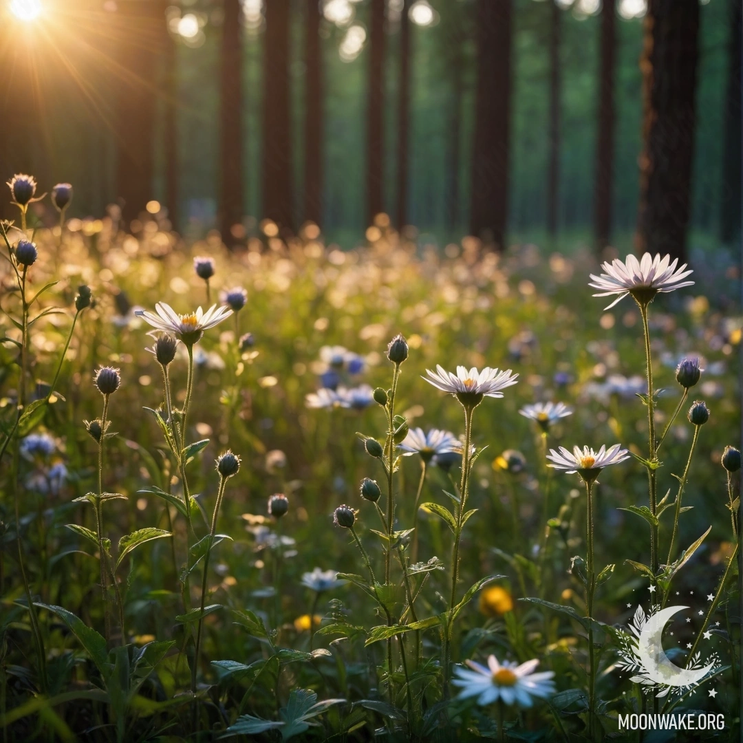 Крупный план ярких полевых цветов на фоне размытого леса с мягкими солнечными лучами, пробивающимися сквозь ночную тьму.