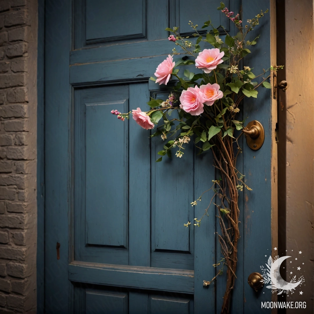 Потертая дверь, украшенная веточками и цветами на дверной ручке ночью.