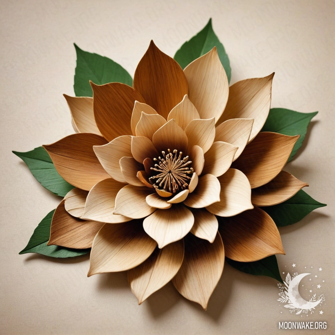 Фантастический деревянный цветок с деревянными лепестками, стеблем и листьями.