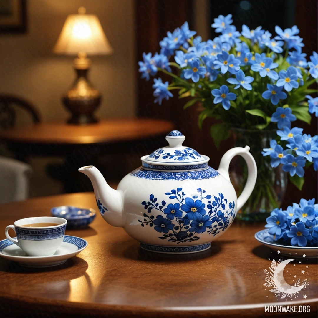 Круглый деревянный стол, украшенный фарфоровым чайником и голубыми цветами на фоне ночного неба.