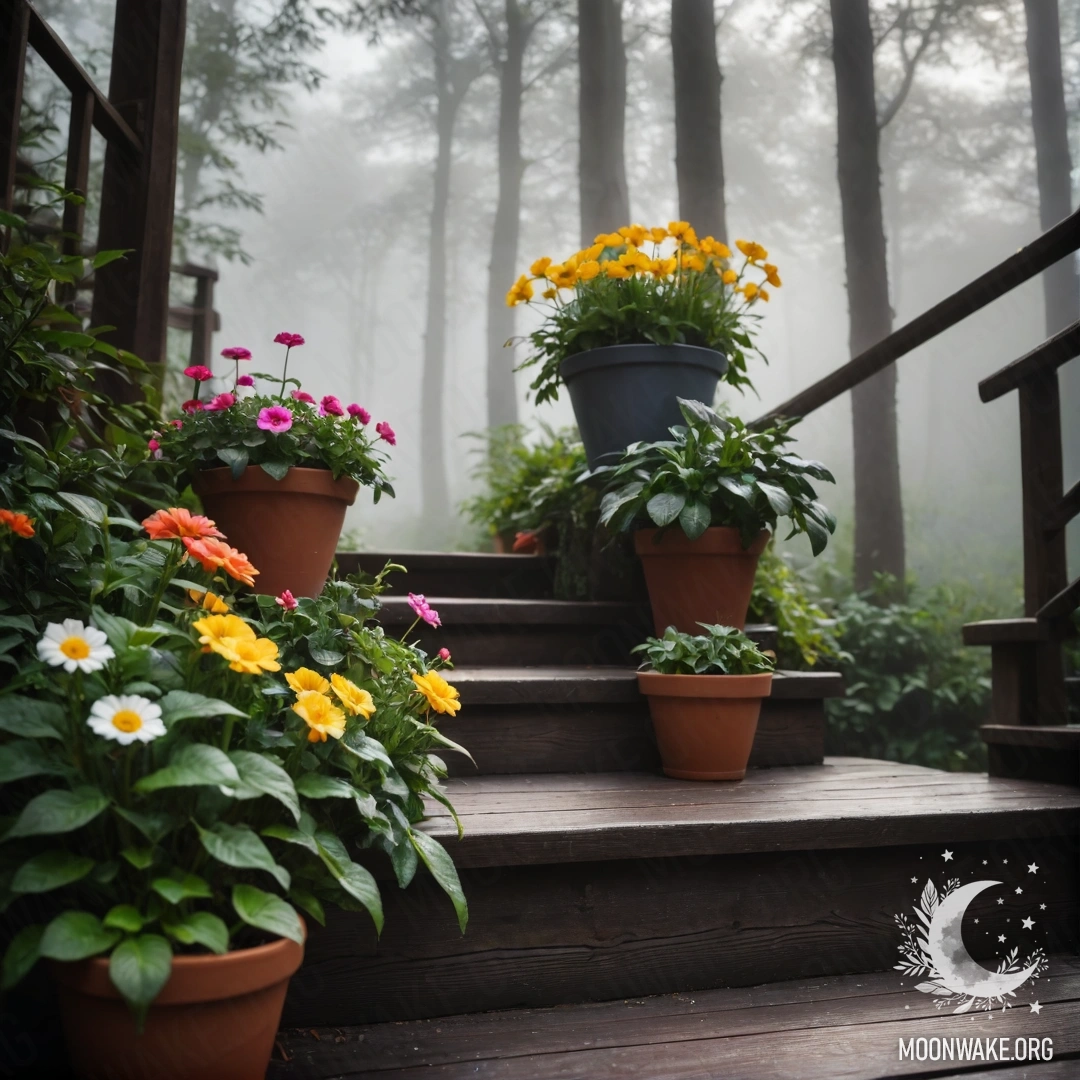Деревянная лестница, украшенная цветочными горшками, окруженная густым туманом.