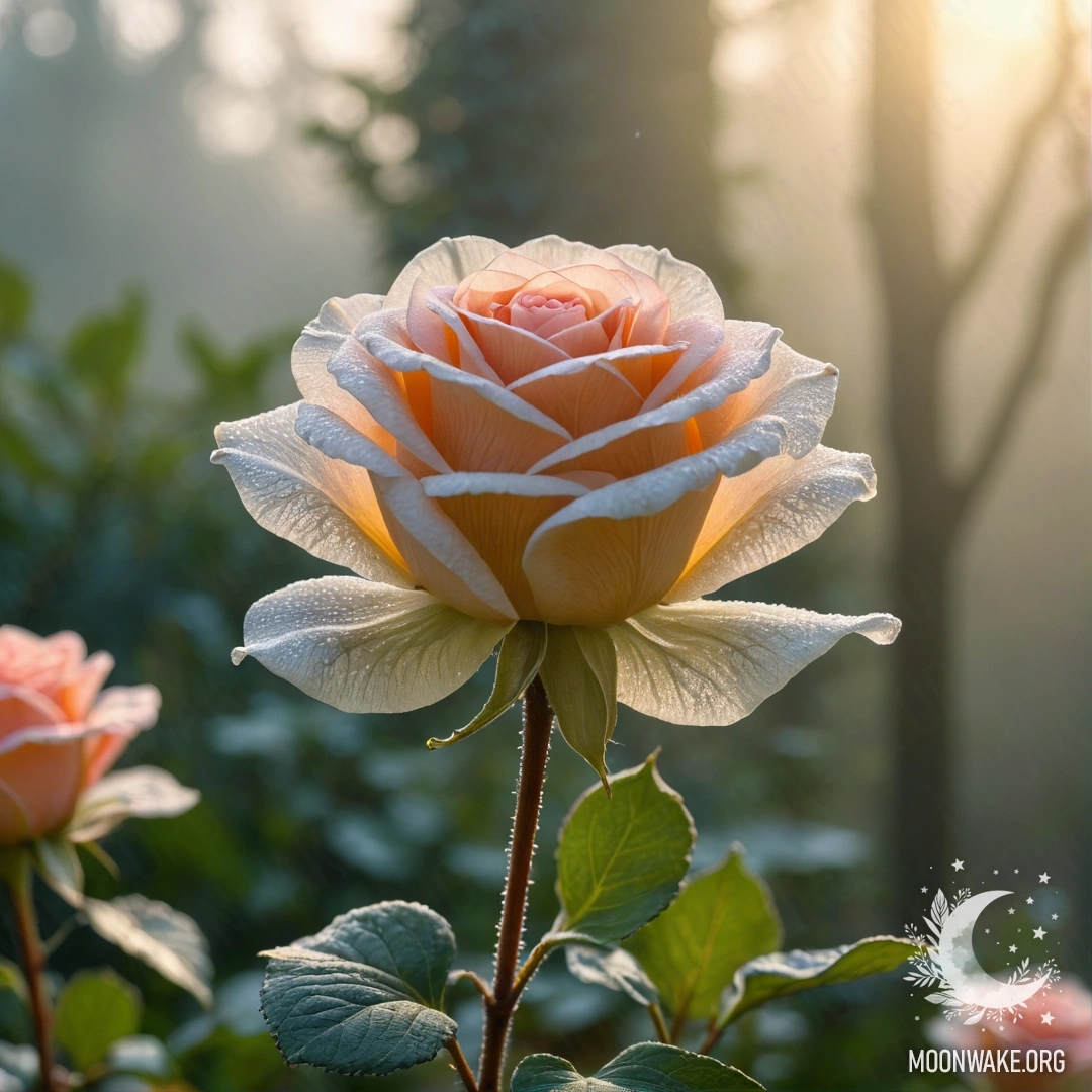 Нежная роза, полностью созданная из эфемерного тумана, с туманными лепестками, стеблем и листьями.