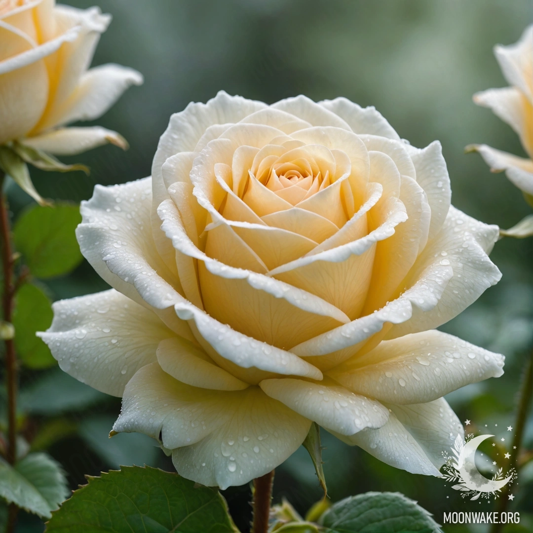 Роза из тумана с нежными лепестками и листьями, мягко светящимися.