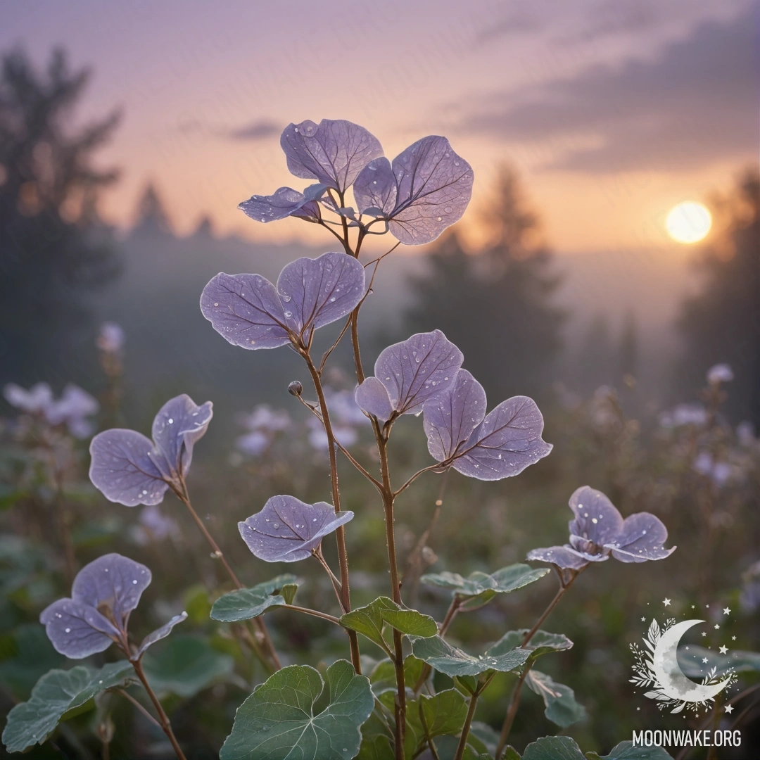 Нежное растение лунария, окутанное туманом на закате, сверкающее шалфейно-зелеными блёстками.