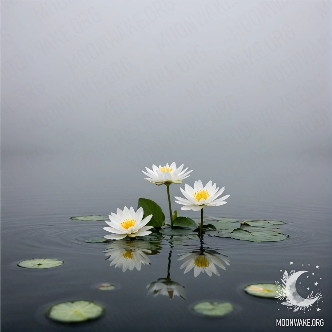 Абстрактные белые цветы, плавно покоящиеся на туманной поверхности воды.